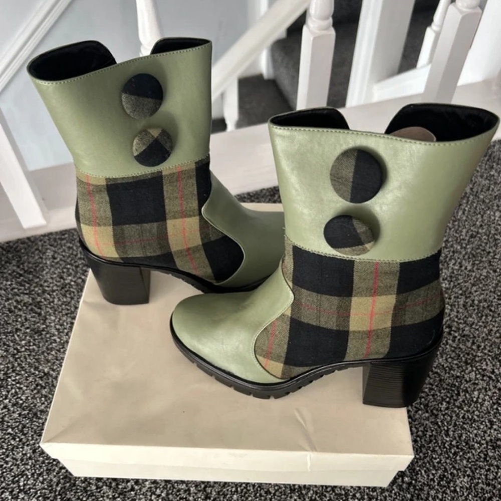 Olive Green Plaid Accent Women's Block Heel Ankle Boots